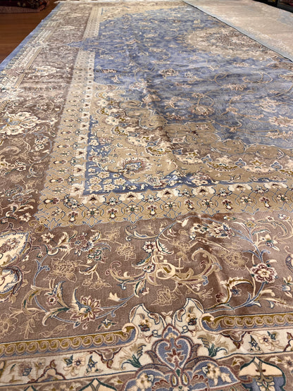 Luxury Bamboo Silk Area Rug – 13.4’ × 9.7’ | Grand Medallion Design | Premium Blue & Ivory Statement Rug