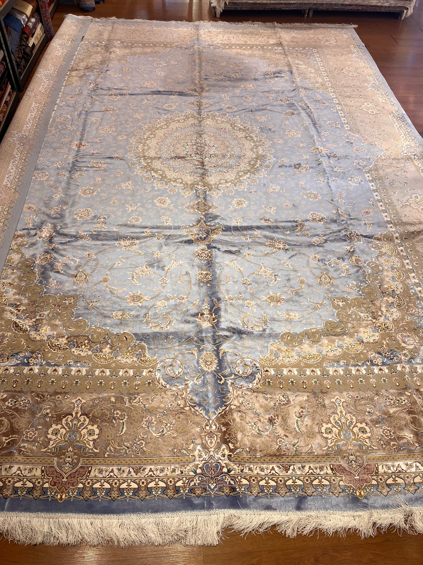 Luxury Bamboo Silk Area Rug – 13.4’ × 9.7’ | Grand Medallion Design | Premium Blue & Ivory Statement Rug