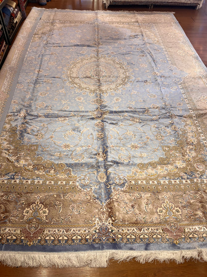 Luxury Bamboo Silk Area Rug – 13.4’ × 9.7’ | Grand Medallion Design | Premium Blue & Ivory Statement Rug