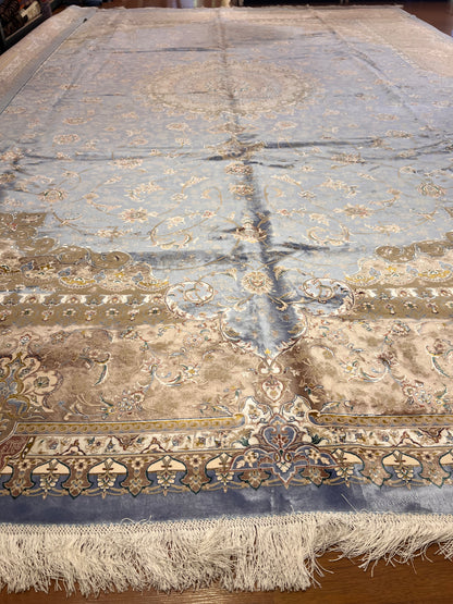 Luxury Bamboo Silk Area Rug – 13.4’ × 9.7’ | Grand Medallion Design | Premium Blue & Ivory Statement Rug