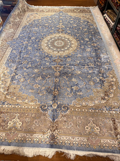Luxury Bamboo Silk Area Rug – 13.4’ × 9.7’ | Grand Medallion Design | Premium Blue & Ivory Statement Rug