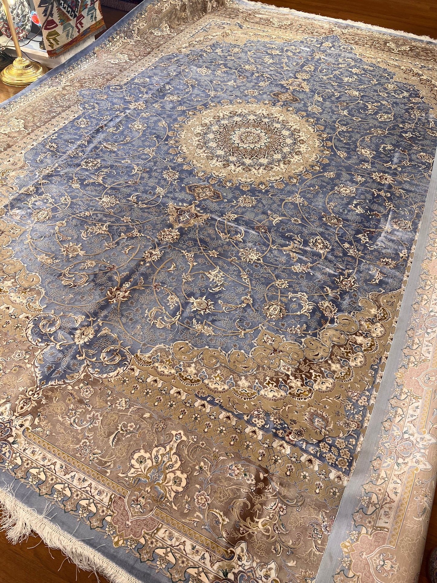 Luxury Bamboo Silk Area Rug – 13.4’ × 9.7’ | Grand Medallion Design | Premium Blue & Ivory Statement Rug