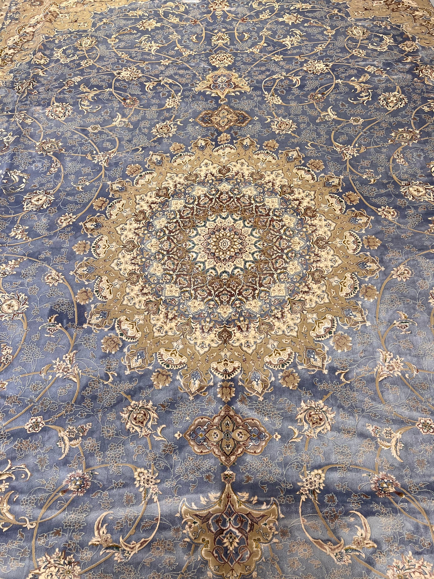 Luxury Bamboo Silk Area Rug – 13.4’ × 9.7’ | Grand Medallion Design | Premium Blue & Ivory Statement Rug
