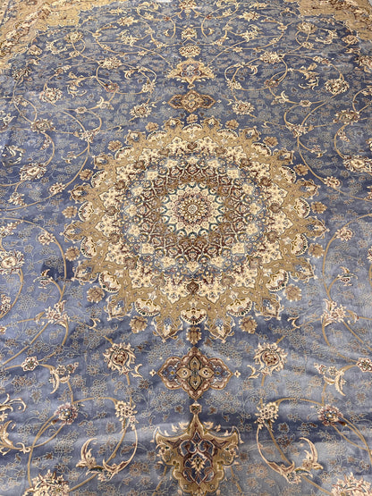 Luxury Bamboo Silk Area Rug – 13.4’ × 9.7’ | Grand Medallion Design | Premium Blue & Ivory Statement Rug
