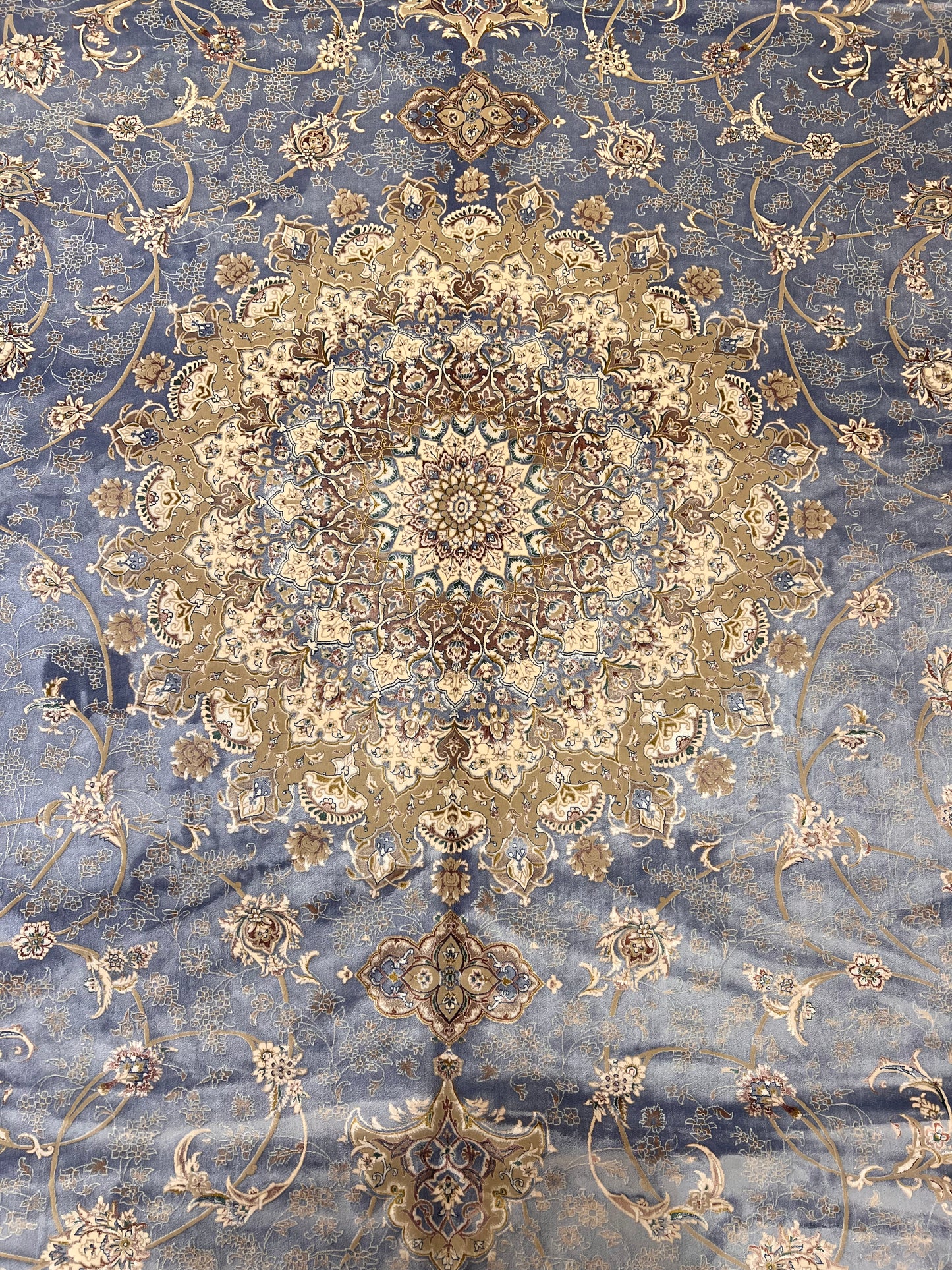 Luxury Bamboo Silk Area Rug – 13.4’ × 9.7’ | Grand Medallion Design | Premium Blue & Ivory Statement Rug