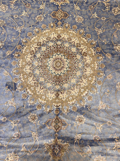 Luxury Bamboo Silk Area Rug – 13.4’ × 9.7’ | Grand Medallion Design | Premium Blue & Ivory Statement Rug