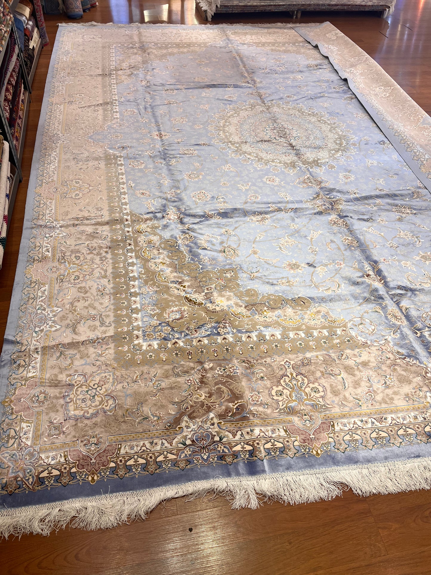 Luxury Bamboo Silk Area Rug – 13.4’ × 9.7’ | Grand Medallion Design | Premium Blue & Ivory Statement Rug