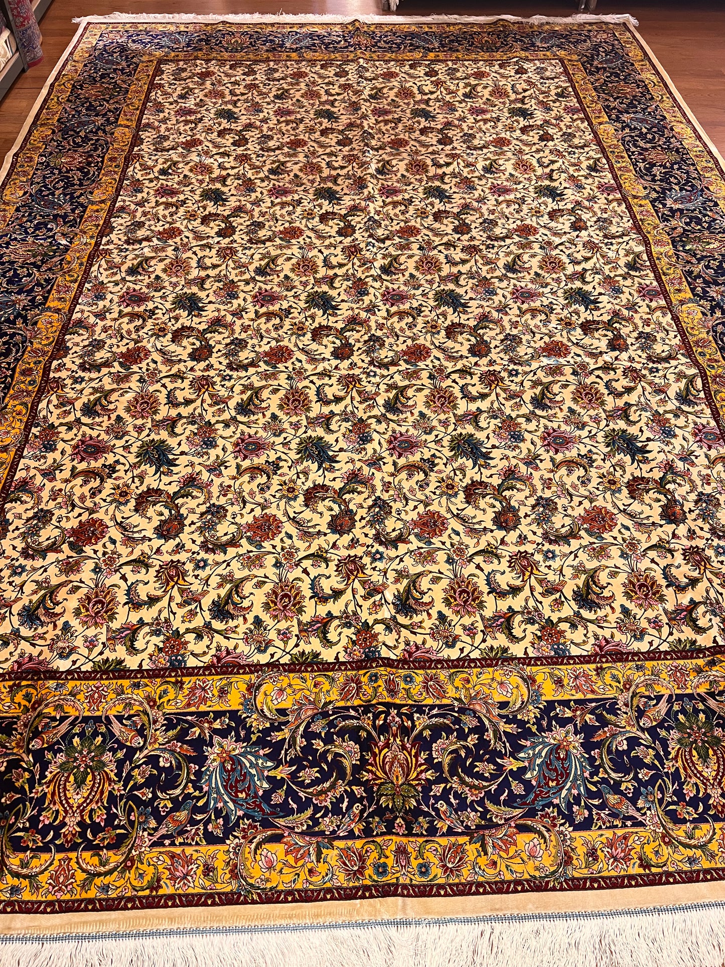 Large Bamboo Silk Area Rug 11.3x7.9 Ft, Luxury Hereke Style Rug, Floral Living Room Carpet, Ivory Navy Blue Designer Rug