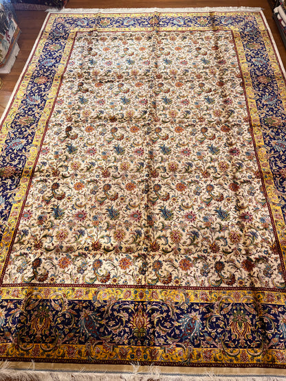 Large Bamboo Silk Area Rug 11.3x7.9 Ft, Luxury Hereke Style Rug, Floral Living Room Carpet, Ivory Navy Blue Designer Rug