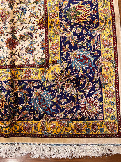 Large Bamboo Silk Area Rug 11.3x7.9 Ft, Luxury Hereke Style Rug, Floral Living Room Carpet, Ivory Navy Blue Designer Rug