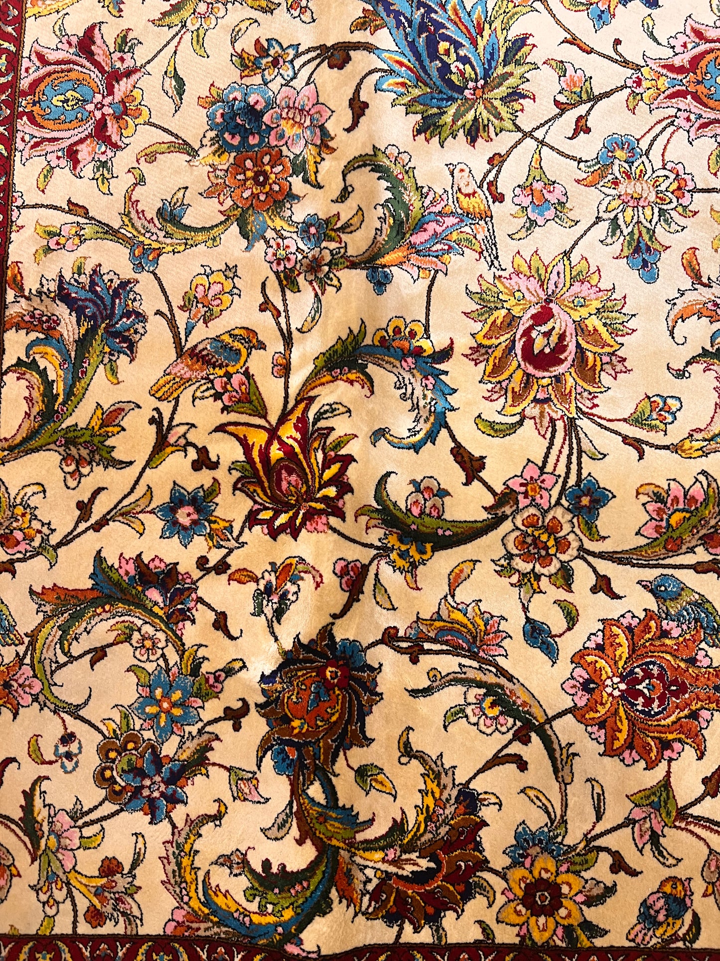 Large Bamboo Silk Area Rug 11.3x7.9 Ft, Luxury Hereke Style Rug, Floral Living Room Carpet, Ivory Navy Blue Designer Rug