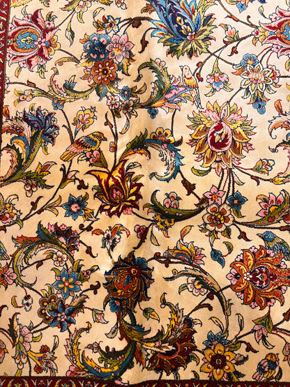 Large Bamboo Silk Area Rug 11.3x7.9 Ft, Luxury Hereke Style Rug, Floral Living Room Carpet, Ivory Navy Blue Designer Rug