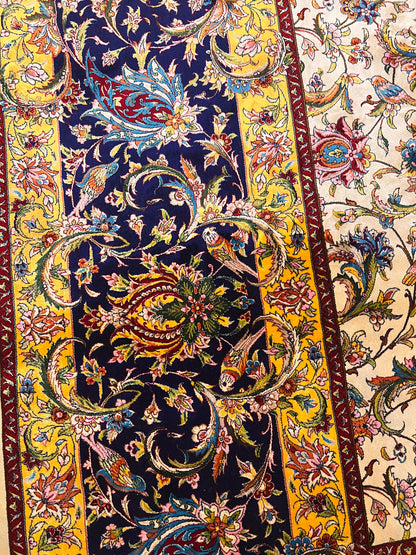 Large Bamboo Silk Area Rug 11.3x7.9 Ft, Luxury Hereke Style Rug, Floral Living Room Carpet, Ivory Navy Blue Designer Rug