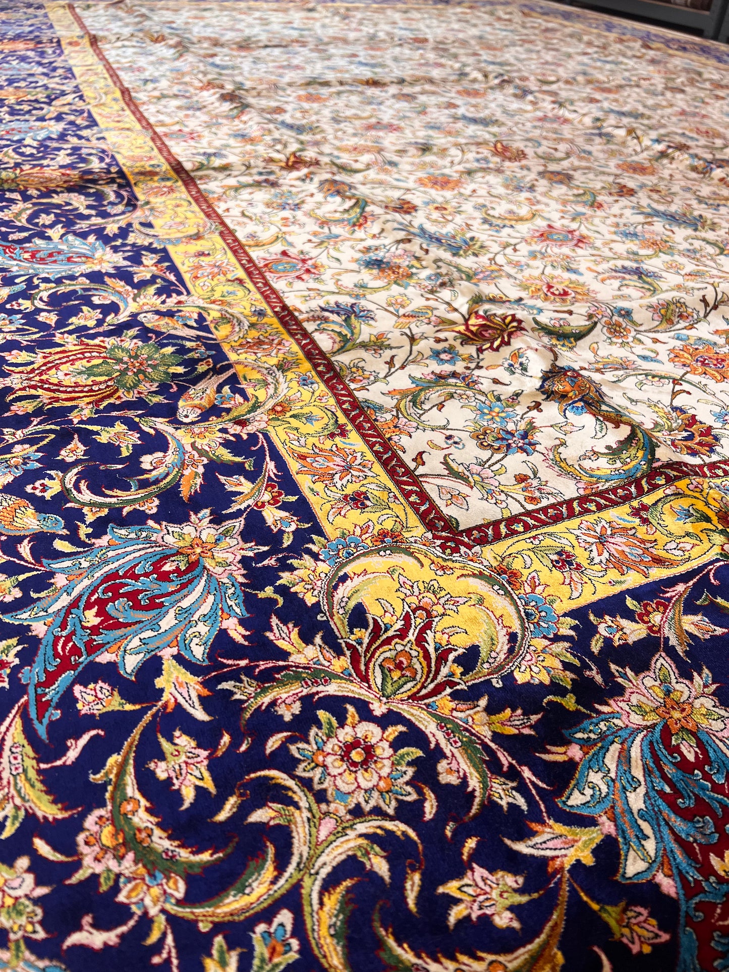 Large Bamboo Silk Area Rug 11.3x7.9 Ft, Luxury Hereke Style Rug, Floral Living Room Carpet, Ivory Navy Blue Designer Rug