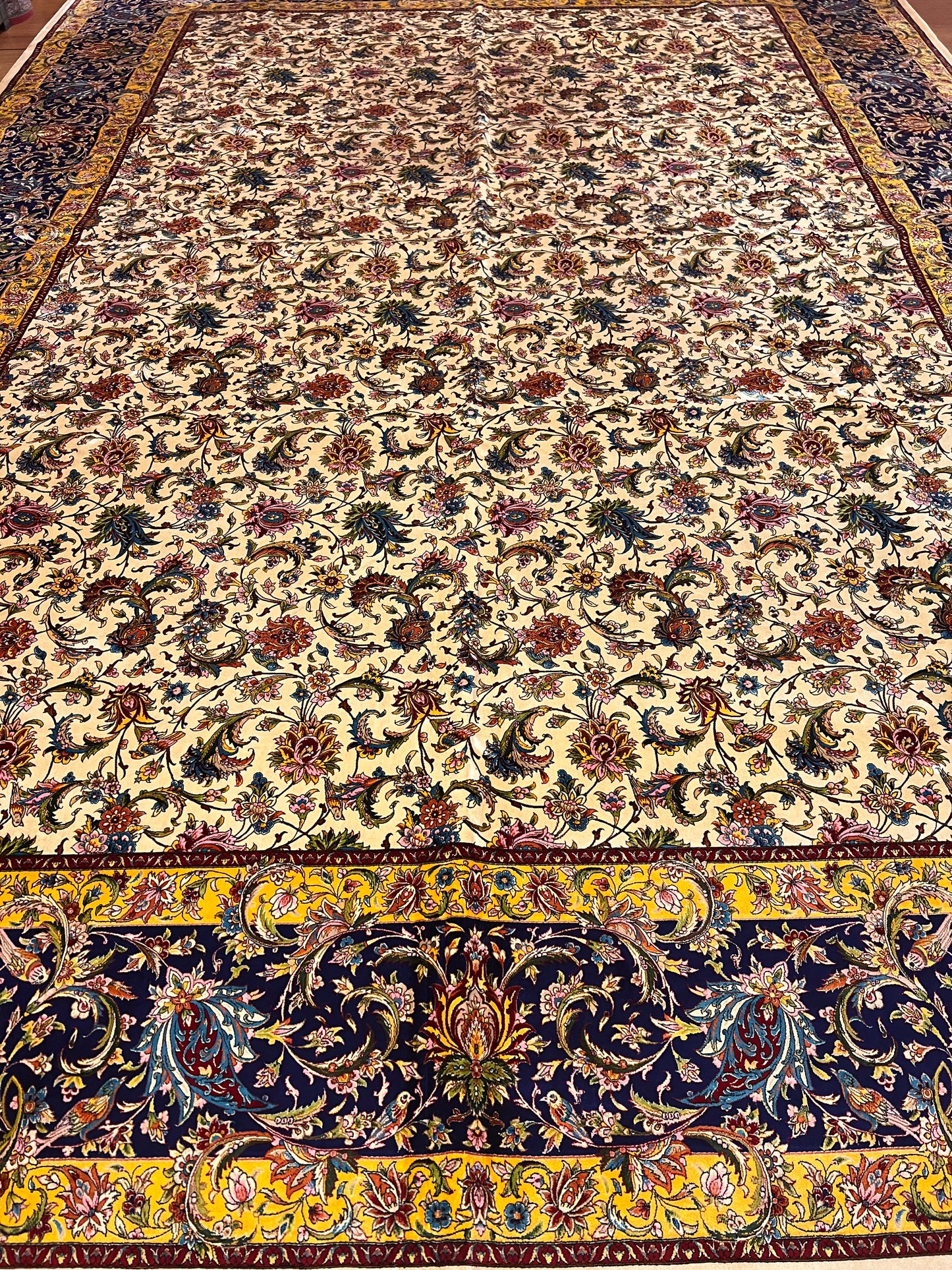 Large Bamboo Silk Area Rug 11.3x7.9 Ft, Luxury Hereke Style Rug, Floral Living Room Carpet, Ivory Navy Blue Designer Rug