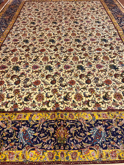 Large Bamboo Silk Area Rug 11.3x7.9 Ft, Luxury Hereke Style Rug, Floral Living Room Carpet, Ivory Navy Blue Designer Rug