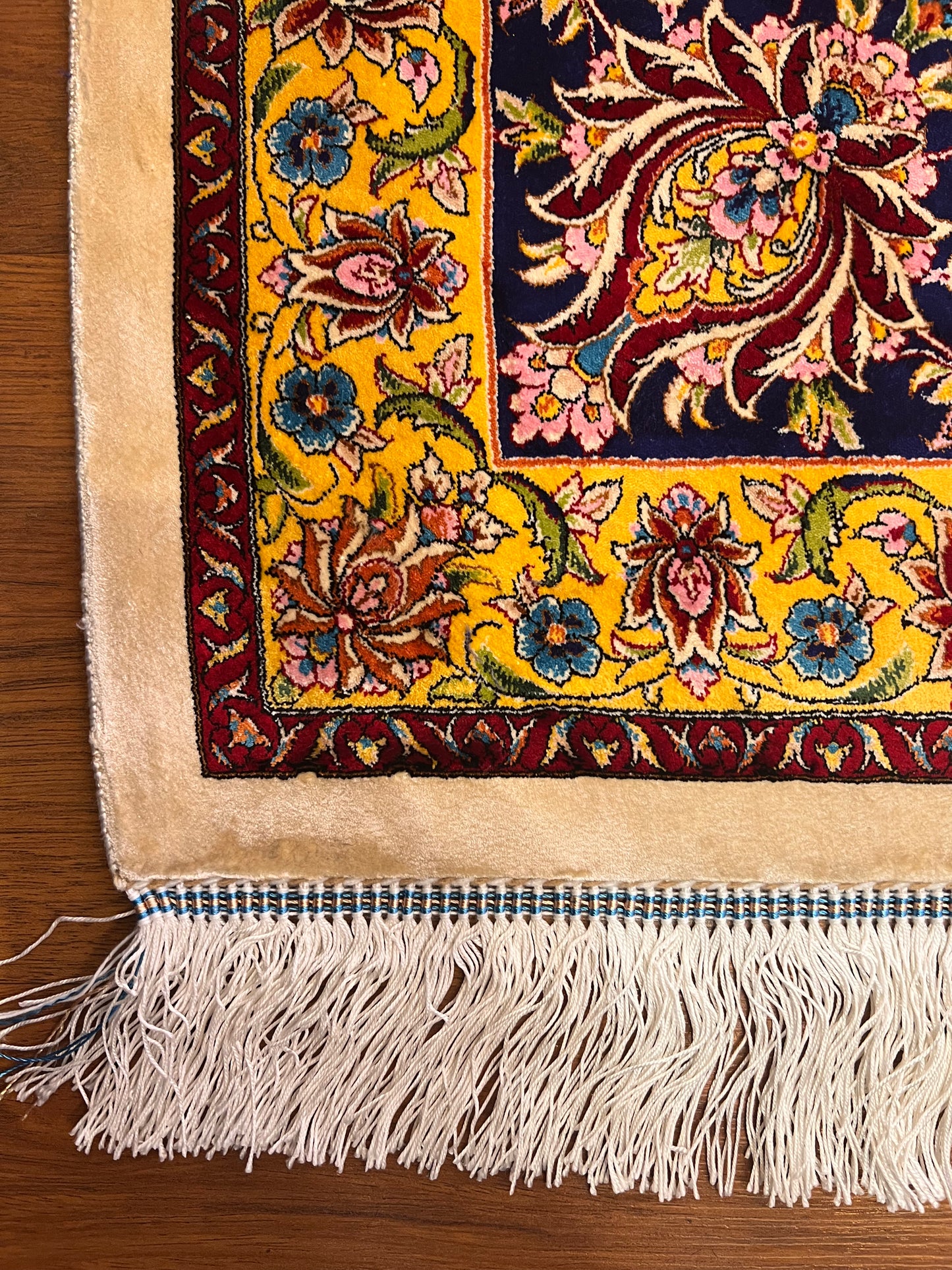 Large Bamboo Silk Area Rug 11.3x7.9 Ft, Luxury Hereke Style Rug, Floral Living Room Carpet, Ivory Navy Blue Designer Rug