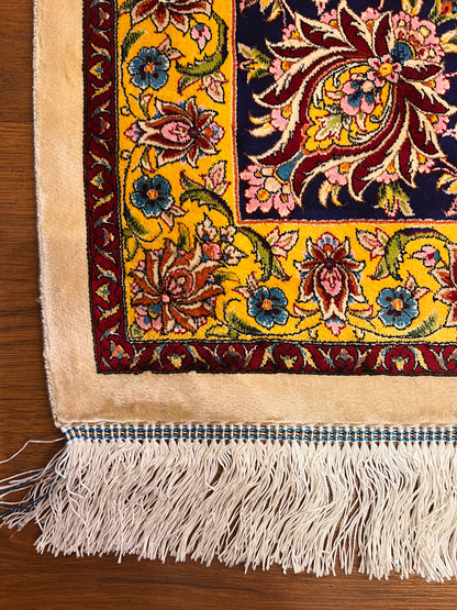 Large Bamboo Silk Area Rug 11.3x7.9 Ft, Luxury Hereke Style Rug, Floral Living Room Carpet, Ivory Navy Blue Designer Rug