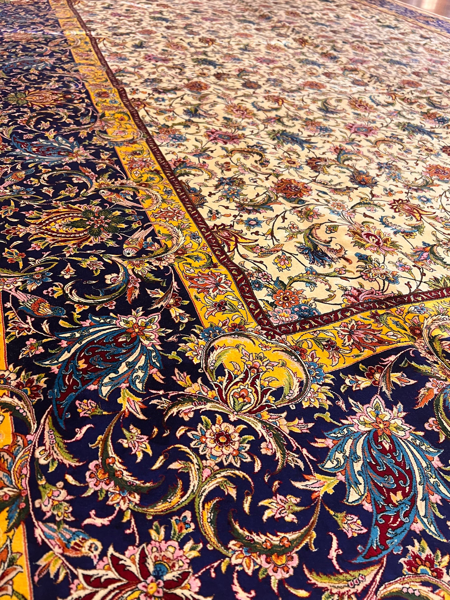 Large Bamboo Silk Area Rug 11.3x7.9 Ft, Luxury Hereke Style Rug, Floral Living Room Carpet, Ivory Navy Blue Designer Rug