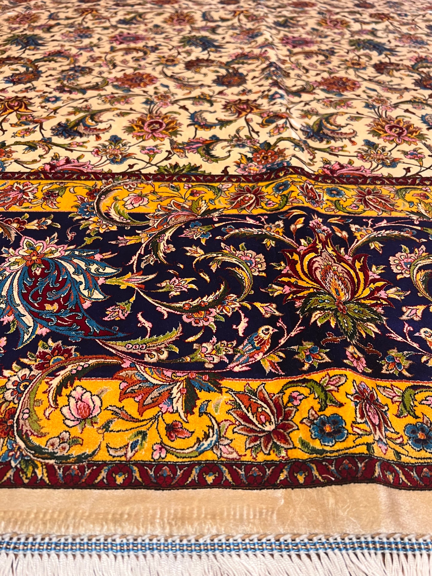 Large Bamboo Silk Area Rug 11.3x7.9 Ft, Luxury Hereke Style Rug, Floral Living Room Carpet, Ivory Navy Blue Designer Rug