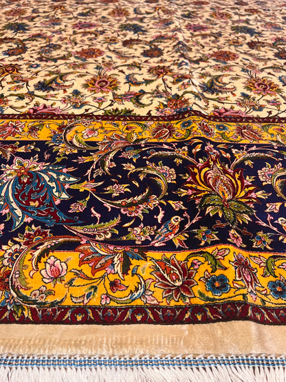 Large Bamboo Silk Area Rug 11.3x7.9 Ft, Luxury Hereke Style Rug, Floral Living Room Carpet, Ivory Navy Blue Designer Rug