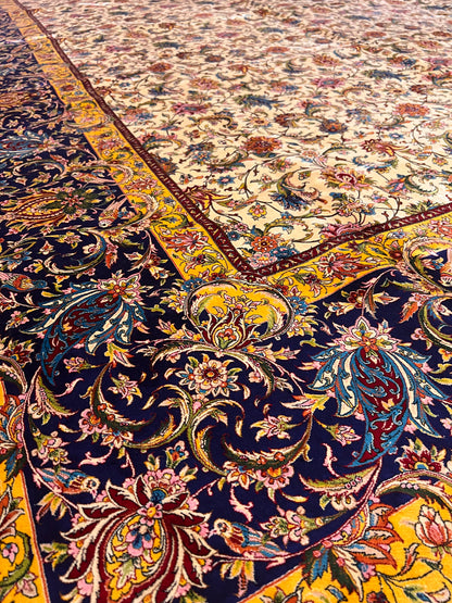 Large Bamboo Silk Area Rug 11.3x7.9 Ft, Luxury Hereke Style Rug, Floral Living Room Carpet, Ivory Navy Blue Designer Rug