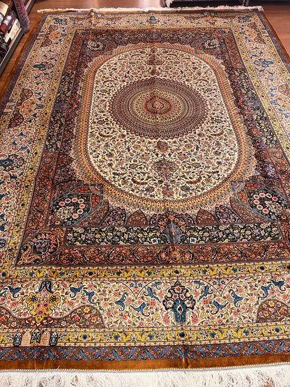 Luxury Bamboo Silk Medallion Rug – 11.4 x 8 Ft Traditional Oriental Area Rug for Living Room & Dining Room