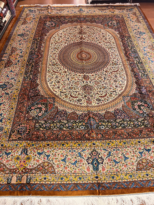 8×12 ft Silk Rug – Ivory, Burgundy & Gold Ornate Medallion Area Rug, Luxury Traditional Turkish Design