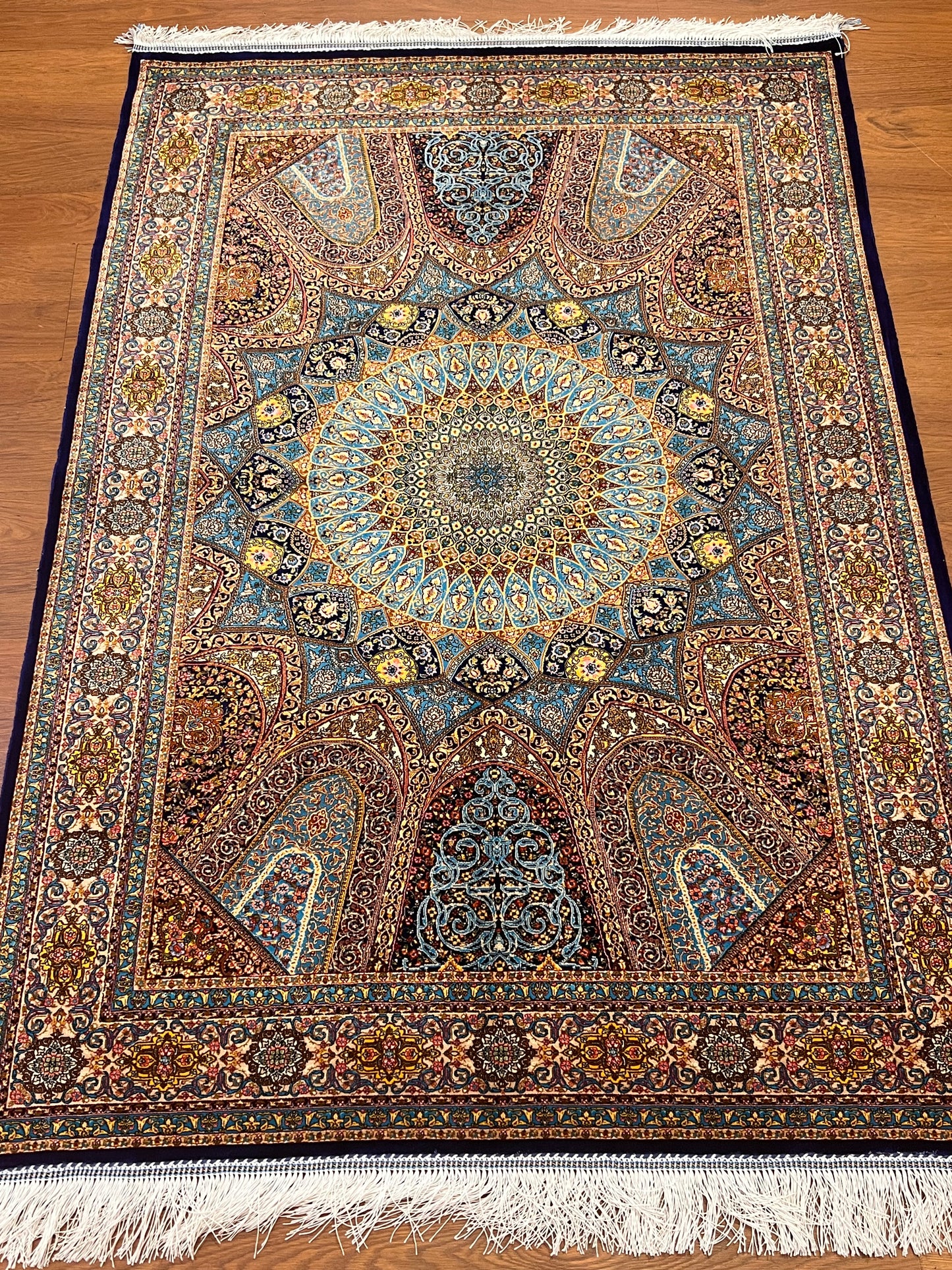 3x5 ft Blue Bamboo Silk Rug – Grand Medallion Floral Design, Navy & Gold Luxury Silk Accent Rug for Living Room & Bedroom