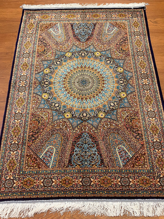 3x5 ft Blue Bamboo Silk Rug – Grand Medallion Floral Design, Navy & Gold Luxury Silk Accent Rug for Living Room & Bedroom