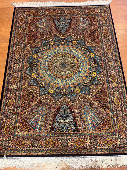 3x5 ft Blue Bamboo Silk Rug – Grand Medallion Floral Design, Navy & Gold Luxury Silk Accent Rug for Living Room & Bedroom