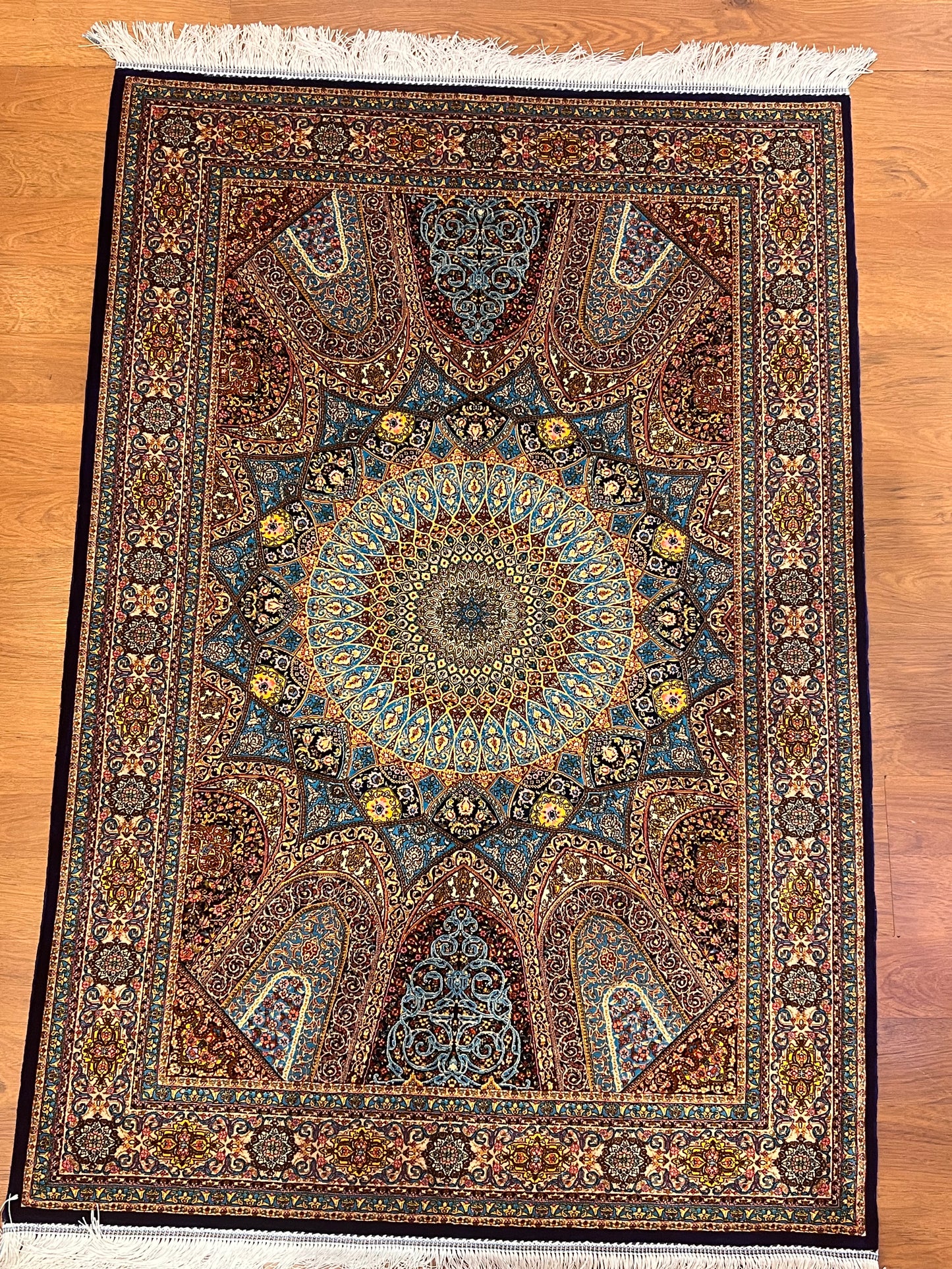3x5 ft Blue Bamboo Silk Rug – Grand Medallion Floral Design, Navy & Gold Luxury Silk Accent Rug for Living Room & Bedroom