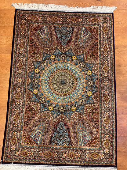 3x5 ft Blue Bamboo Silk Rug – Grand Medallion Floral Design, Navy & Gold Luxury Silk Accent Rug for Living Room & Bedroom