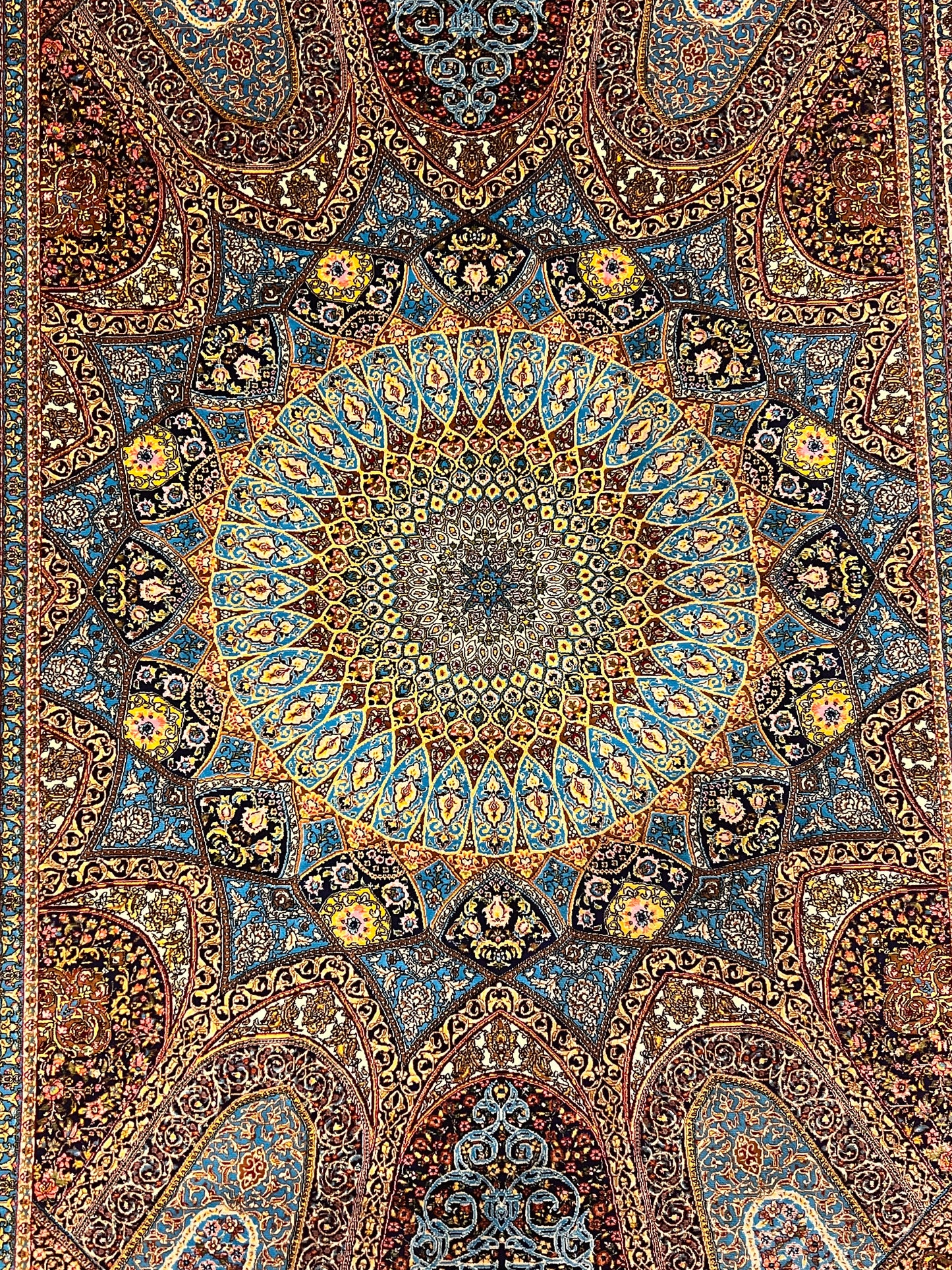 3x5 ft Blue Bamboo Silk Rug – Grand Medallion Floral Design, Navy & Gold Luxury Silk Accent Rug for Living Room & Bedroom