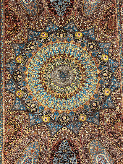 3x5 ft Blue Bamboo Silk Rug – Grand Medallion Floral Design, Navy & Gold Luxury Silk Accent Rug for Living Room & Bedroom