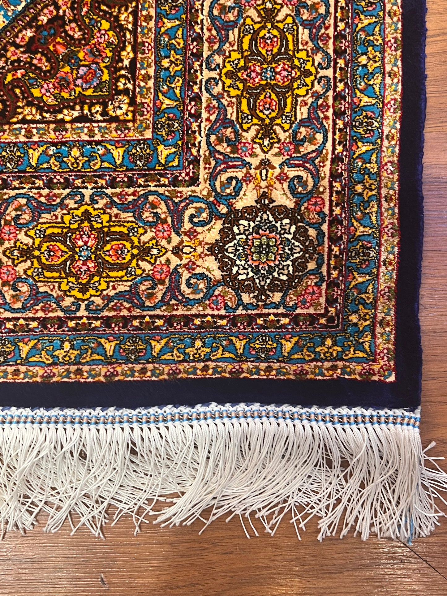 3x5 ft Blue Bamboo Silk Rug – Grand Medallion Floral Design, Navy & Gold Luxury Silk Accent Rug for Living Room & Bedroom
