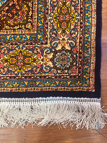 3x5 ft Blue Bamboo Silk Rug – Grand Medallion Floral Design, Navy & Gold Luxury Silk Accent Rug for Living Room & Bedroom