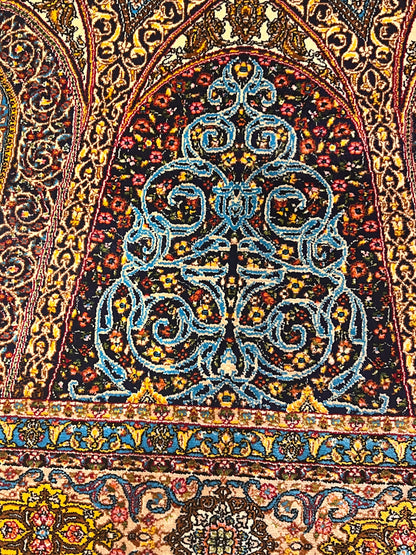 3x5 ft Blue Bamboo Silk Rug – Grand Medallion Floral Design, Navy & Gold Luxury Silk Accent Rug for Living Room & Bedroom