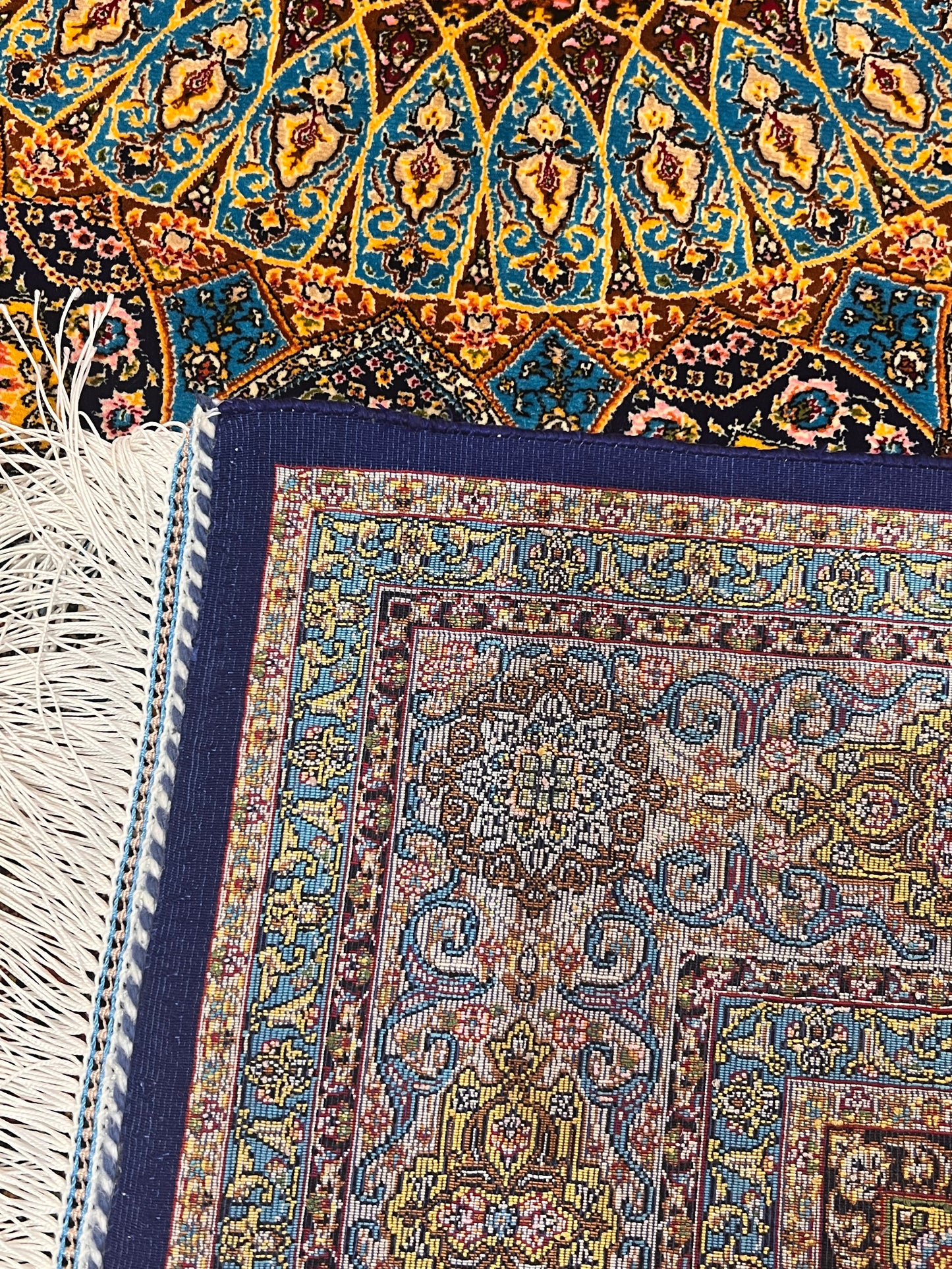 3x5 ft Blue Bamboo Silk Rug – Grand Medallion Floral Design, Navy & Gold Luxury Silk Accent Rug for Living Room & Bedroom