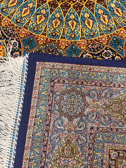 3x5 ft Blue Bamboo Silk Rug – Grand Medallion Floral Design, Navy & Gold Luxury Silk Accent Rug for Living Room & Bedroom