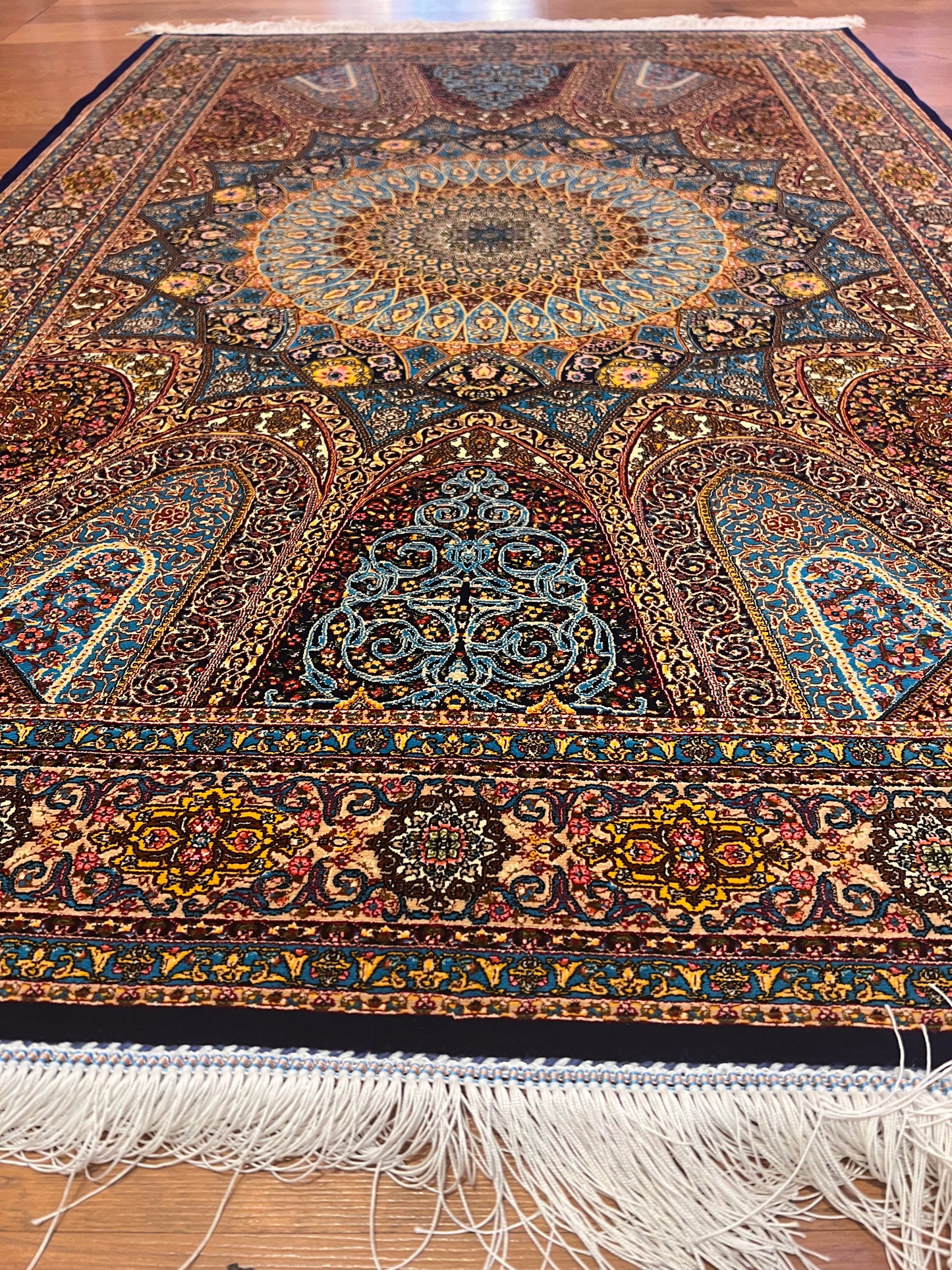 3x5 ft Blue Bamboo Silk Rug – Grand Medallion Floral Design, Navy & Gold Luxury Silk Accent Rug for Living Room & Bedroom