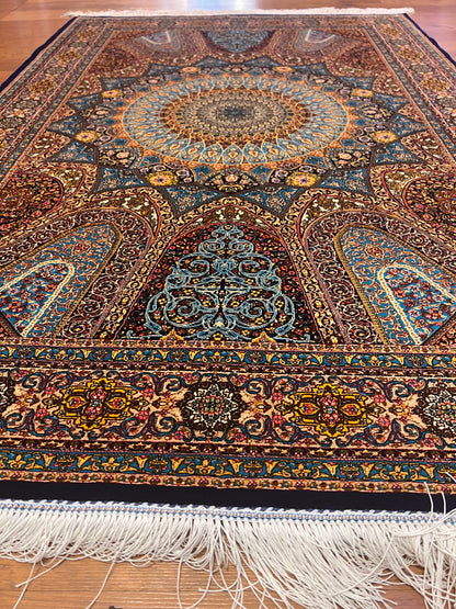 3x5 ft Blue Bamboo Silk Rug – Grand Medallion Floral Design, Navy & Gold Luxury Silk Accent Rug for Living Room & Bedroom
