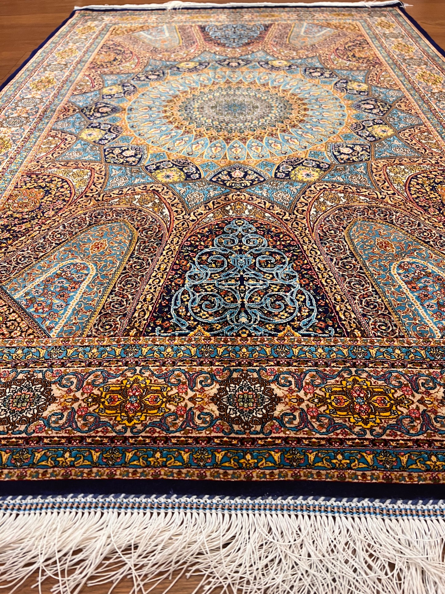 3x5 ft Blue Bamboo Silk Rug – Grand Medallion Floral Design, Navy & Gold Luxury Silk Accent Rug for Living Room & Bedroom