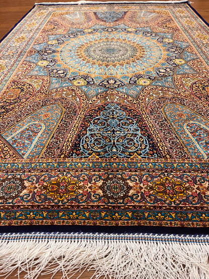 3x5 ft Blue Bamboo Silk Rug – Grand Medallion Floral Design, Navy & Gold Luxury Silk Accent Rug for Living Room & Bedroom