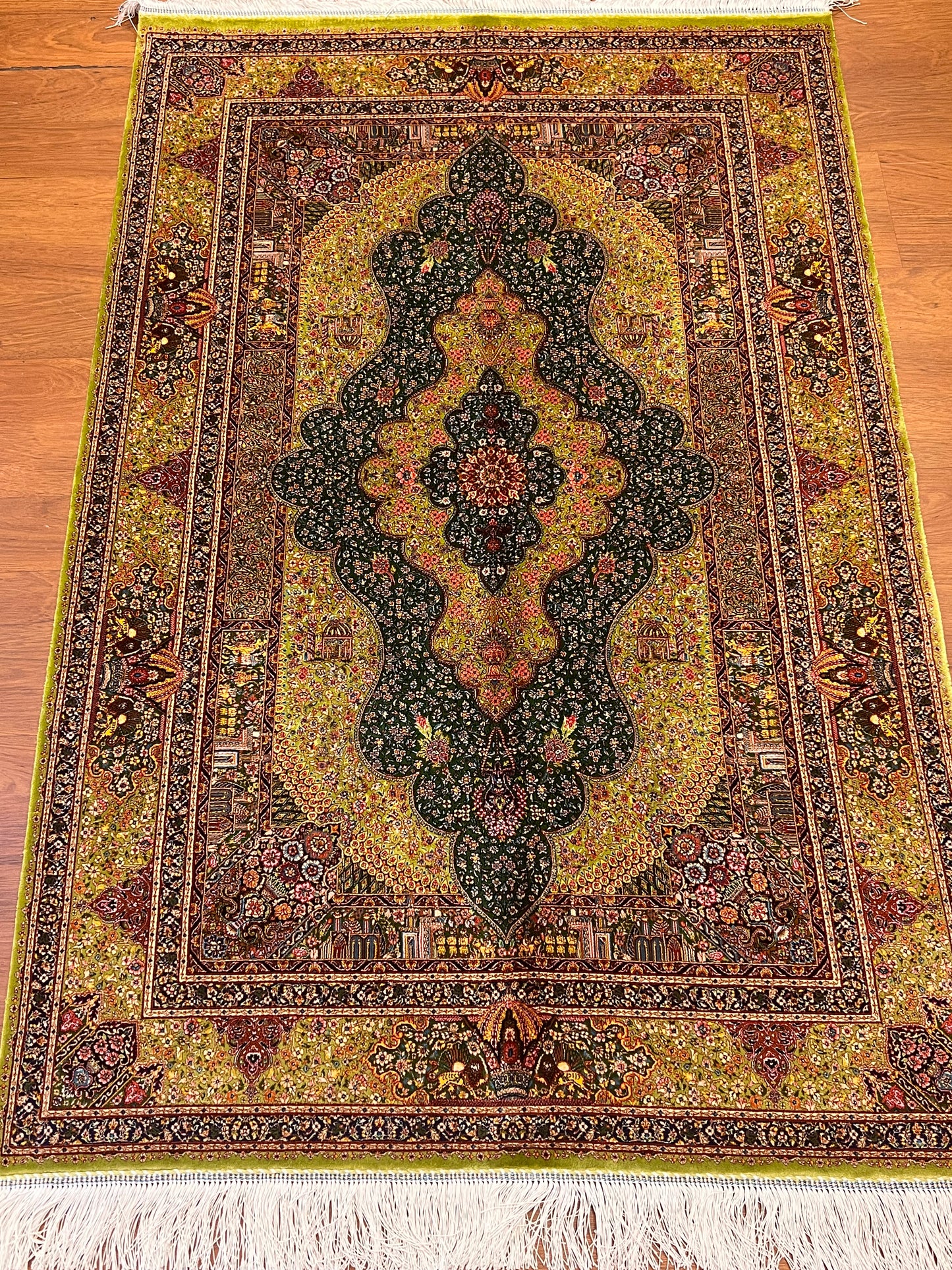 3x5 ft Green Bamboo Silk Rug – Ornate Floral Medallion Design, Black & Burgundy Details, Luxury Silk Accent Rug