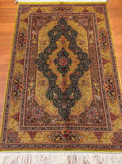 3x5 ft Green Bamboo Silk Rug – Ornate Floral Medallion Design, Black & Burgundy Details, Luxury Silk Accent Rug