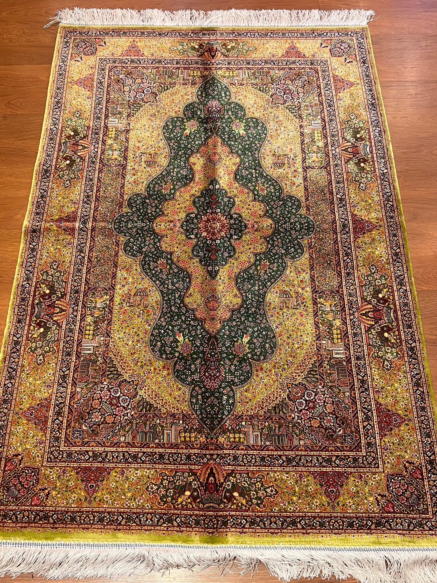 3x5 ft Green Bamboo Silk Rug – Ornate Floral Medallion Design, Black & Burgundy Details, Luxury Silk Accent Rug