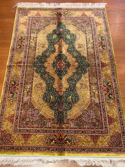 3x5 ft Green Bamboo Silk Rug – Ornate Floral Medallion Design, Black & Burgundy Details, Luxury Silk Accent Rug