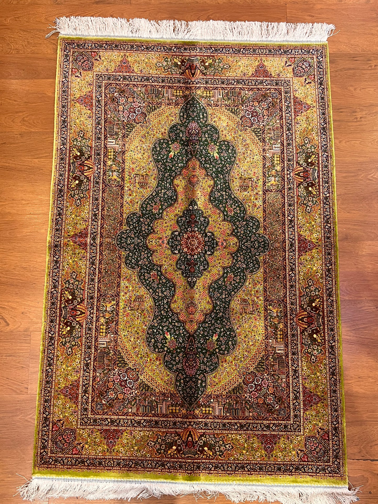 3x5 ft Green Bamboo Silk Rug – Ornate Floral Medallion Design, Black & Burgundy Details, Luxury Silk Accent Rug