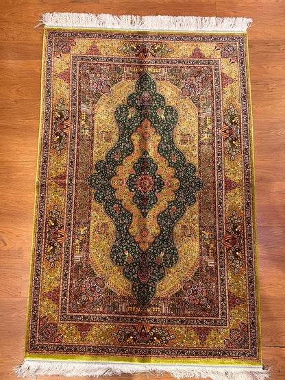 3x5 ft Green Bamboo Silk Rug – Ornate Floral Medallion Design, Black & Burgundy Details, Luxury Silk Accent Rug
